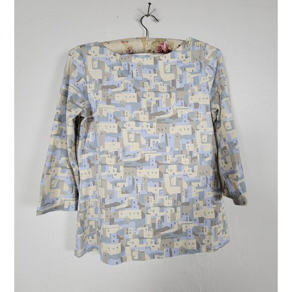 J.McLaughlin Beige & Blue Abstract Print 3/4 Sleeve Boat Neck Top Small Stretch - Picture 1 of 8